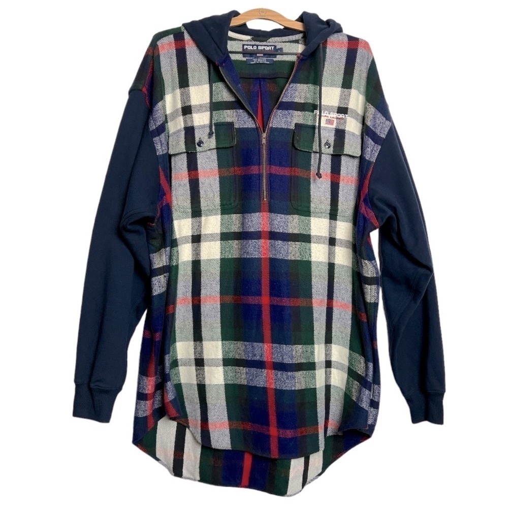 Vintage 90’s Polo Sport Ralph Lauren Big Plaid Flannel Pullover Hoodie Large